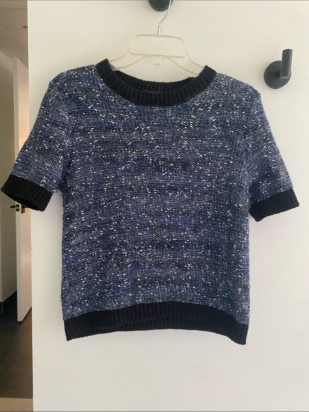 Ann Taylor Navy and Black Textured Knit Short-Sleeve Top